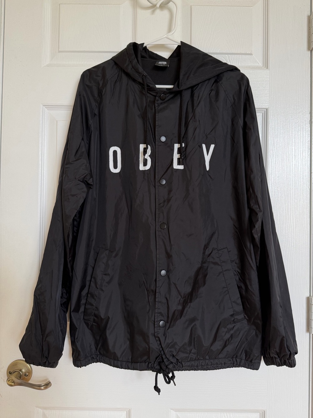 Obey Men’s Black Button Up Windbreaker Hoodie Jacket Size L